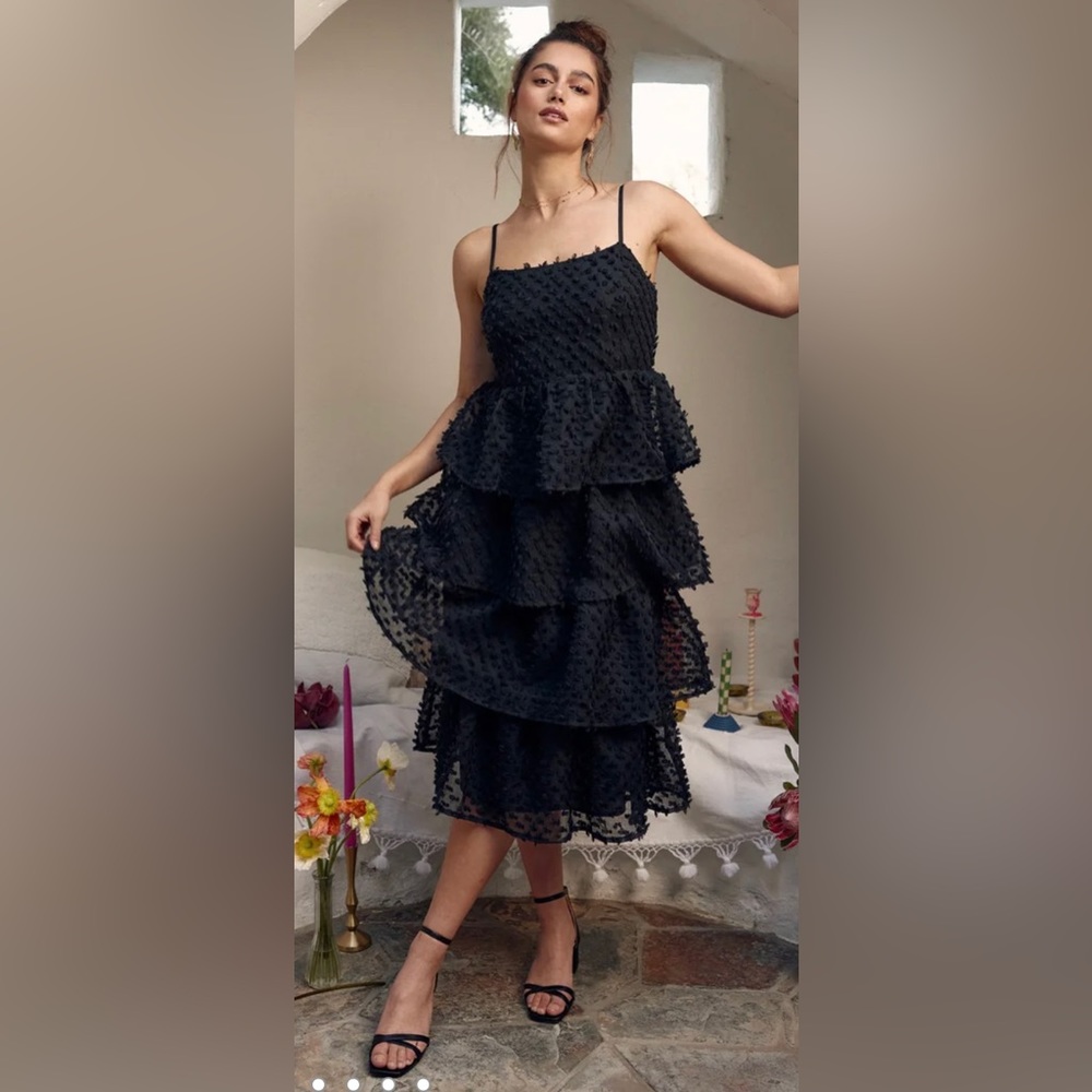 Lulus Black Pom Pom Midi Dress Size S